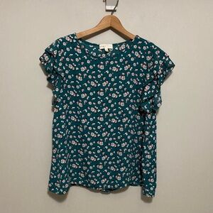 Perfect Peach Green Floral Ruffle Cap Sleeve Blouse, Women’s Size Small, pink